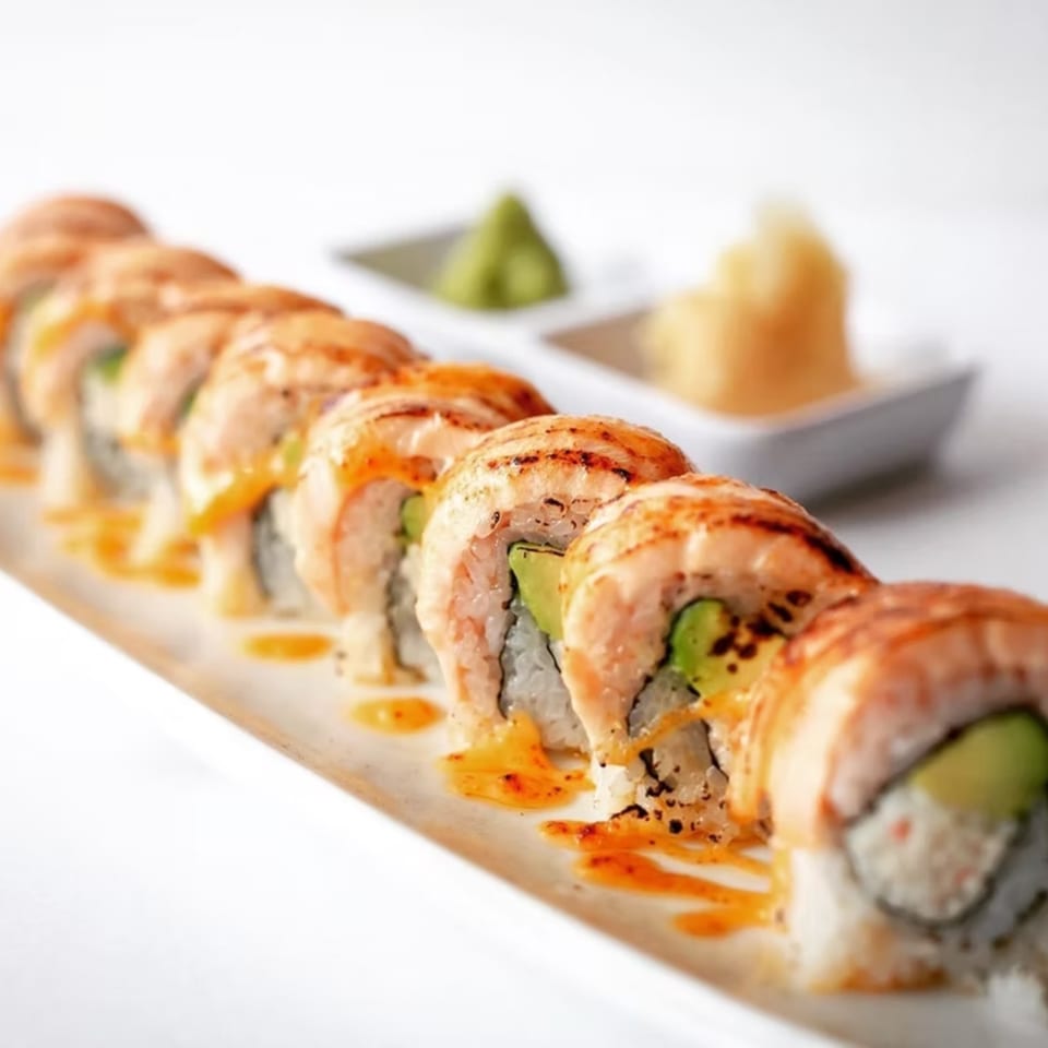 A row of salmon and avocado sushi rolls with a drizzle of orange sauce, served with wasabi and ginger.