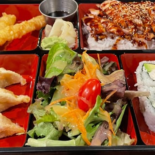 TERIYAKI BENTO, CHICKEN, GYOZA 3, SHRIMP 2, H-SALAD, CALI 4 PC