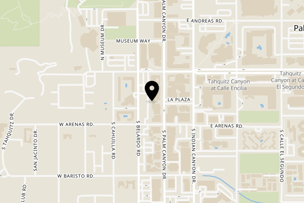 Map showing the location of Happy Sushi on 155 S Palm Canyon Dr B-7 in Palm Springs